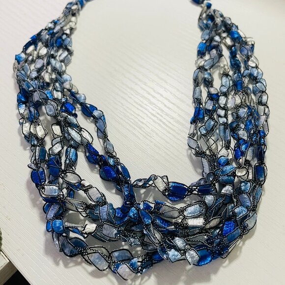 Blue Multi Strand Ribbon Necklace Lightweight Boho Collar - Picture 2 of 6
